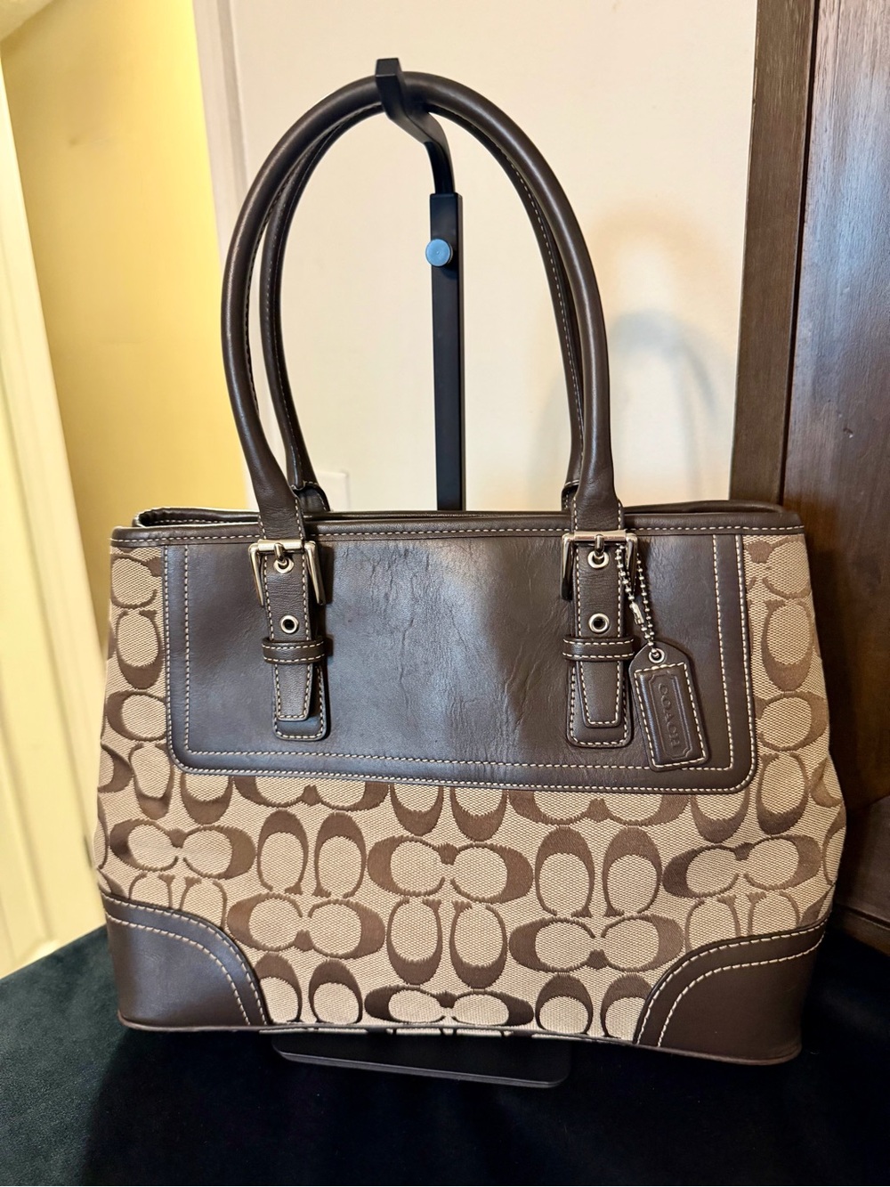 Coach Brown Signature Canvas Shoulder Bag with Leather Trim